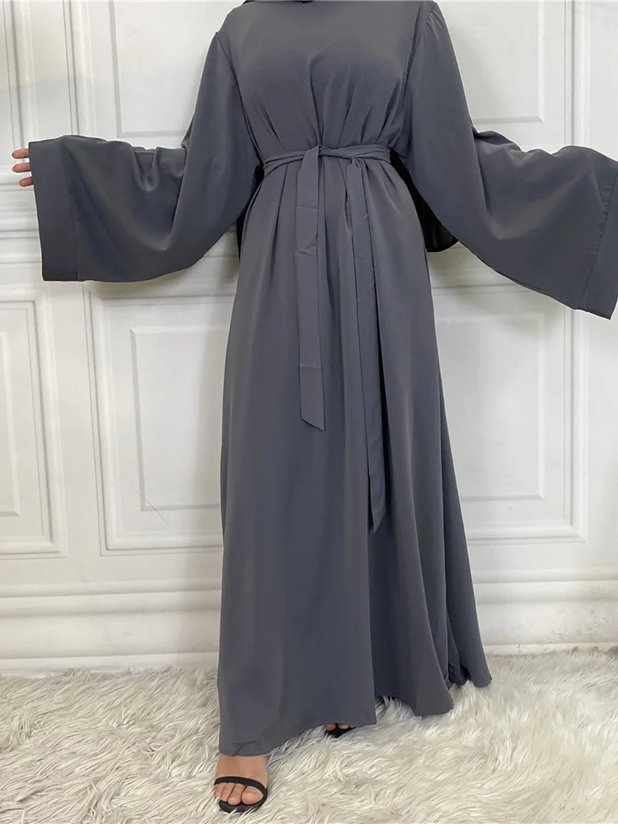 Elegant Modest Maxi Dress with Waist Tie – Long Sleeve Woven Abaya Style Dress for Women (All Season)