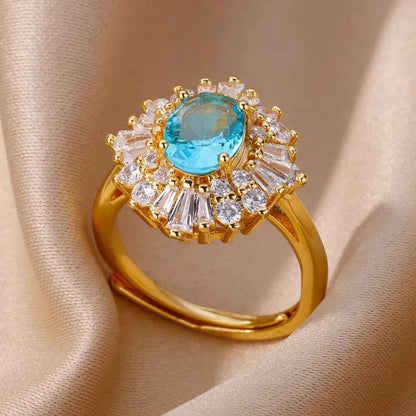Luxury Gold-Plated Heart Ring with Colorful Zircon Stones – Adjustable Stainless Steel Cocktail Ring for Women