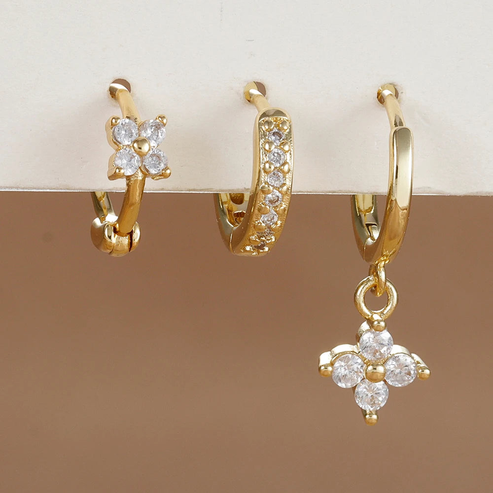 Ensemble de 3 boucles d'oreilles pendantes en acier inoxydable avec zircon cubique – Boucles d'oreilles florales hypoallergéniques pour femmes