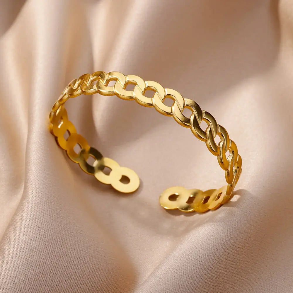 Bracelet jonc ajustable de luxe en acier inoxydable – Bijou manchette doré étanche pour femme