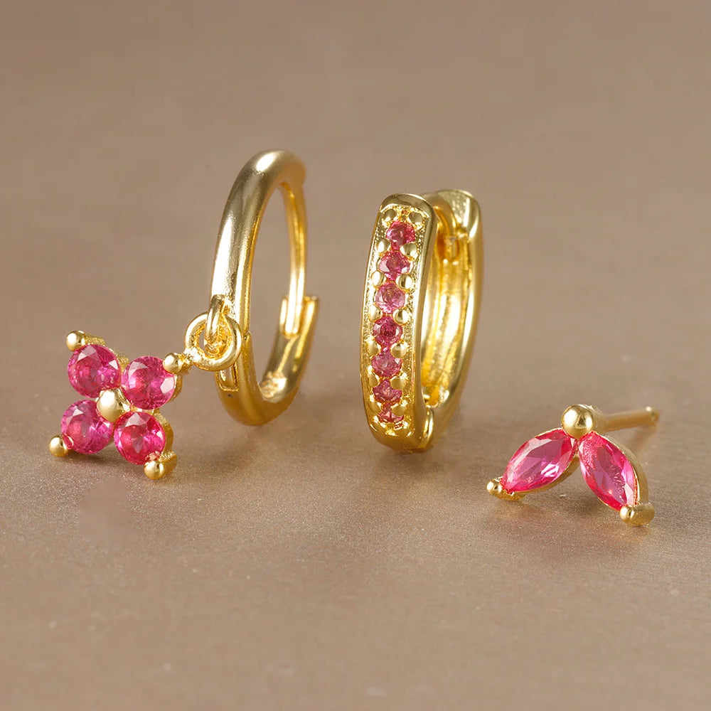Ensemble de 3 boucles d'oreilles pendantes en acier inoxydable avec zircon cubique – Boucles d'oreilles florales hypoallergéniques pour femmes