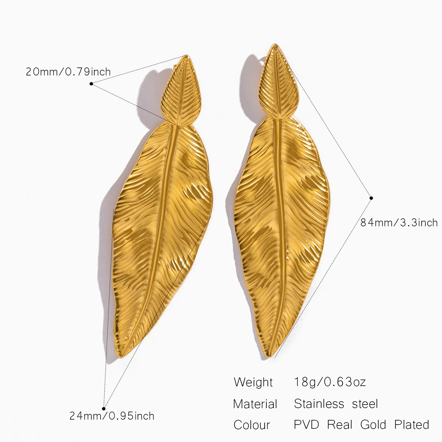 Boucles d'oreilles pendantes élégantes en forme de feuille pour femme – Acier inoxydable plaqué or 18 carats, hypoallergénique