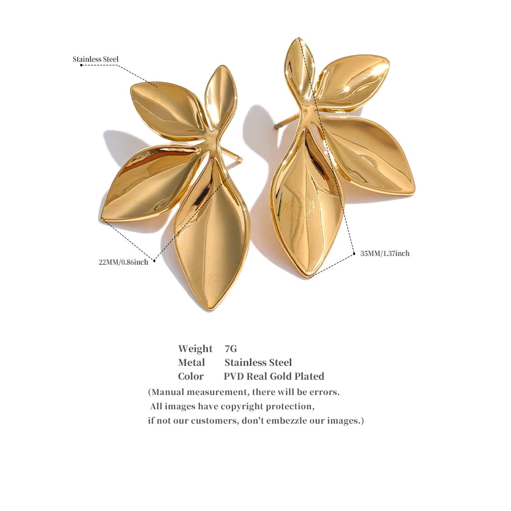 Gold Plated Stainless Steel Leaf Flower Stud Earrings – Waterproof & Hypoallergenic Jewelry for Women