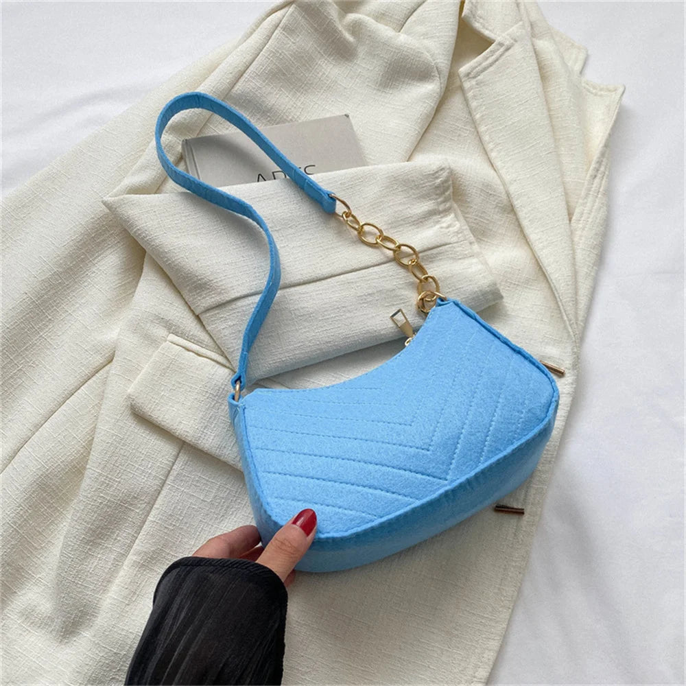 Bolso retro para mujer, tipo axila, de fieltro, de color liso, para hombro, informal, tipo bola de masa, sencillo, a la moda