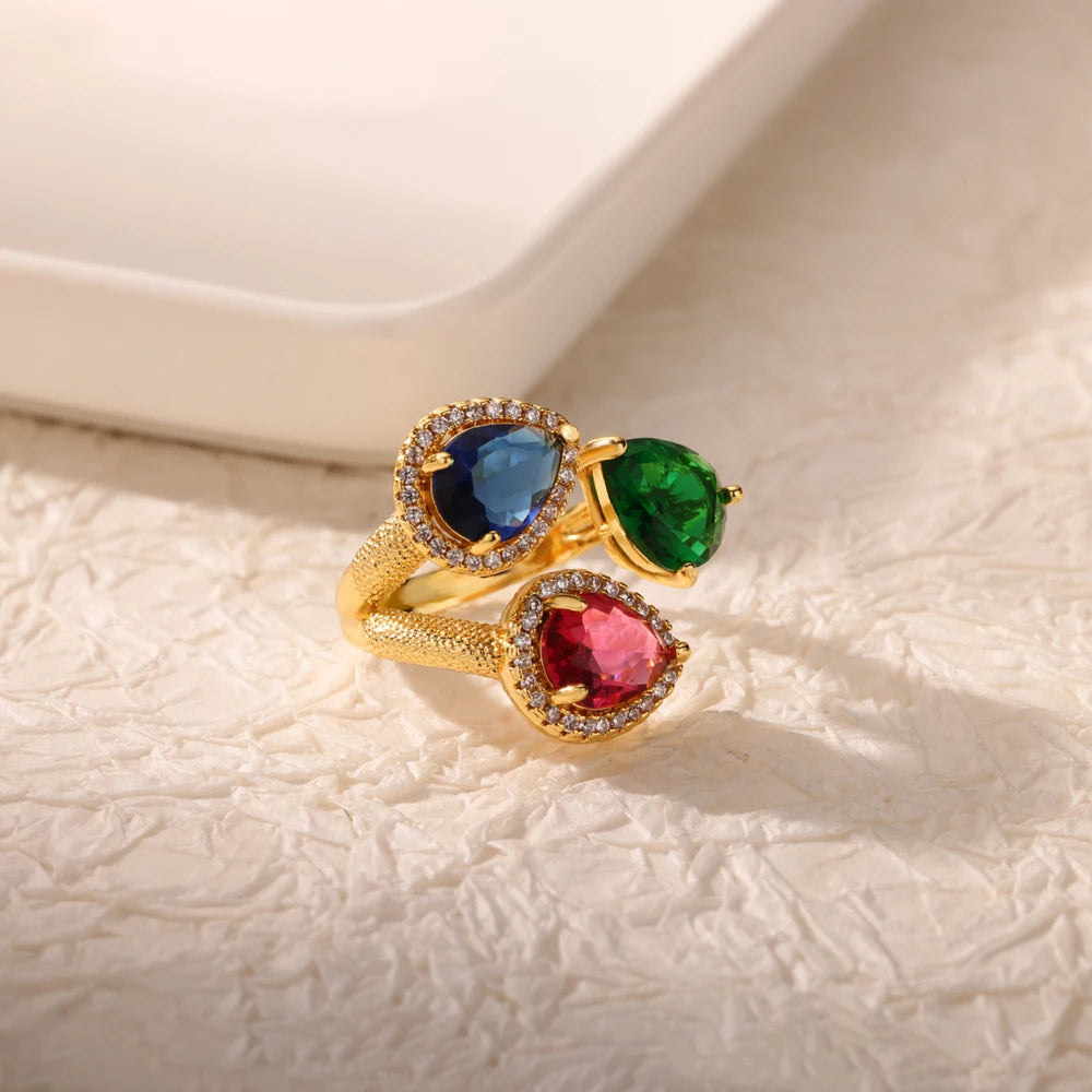 Luxury Gold-Plated Heart Ring with Colorful Zircon Stones – Adjustable Stainless Steel Cocktail Ring for Women
