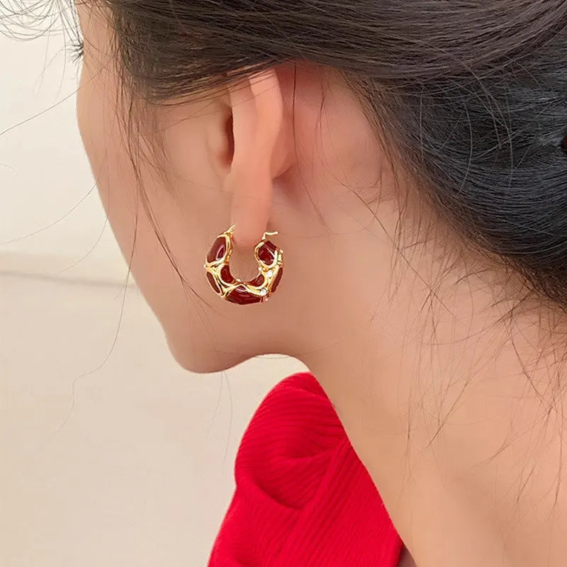 Vintage Enamel Small Hoop Earrings – Gold Plated Textured Statement Hoops for Women