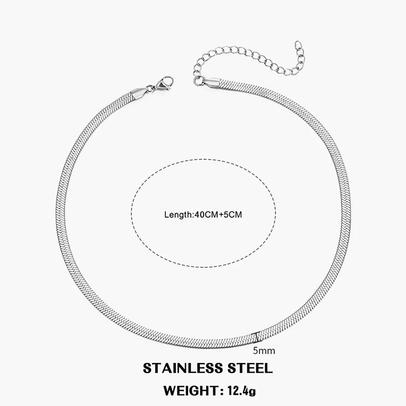 Classic Flat Snake Chain Choker Necklace – Stainless Steel Herringbone Design in Gold & Silver