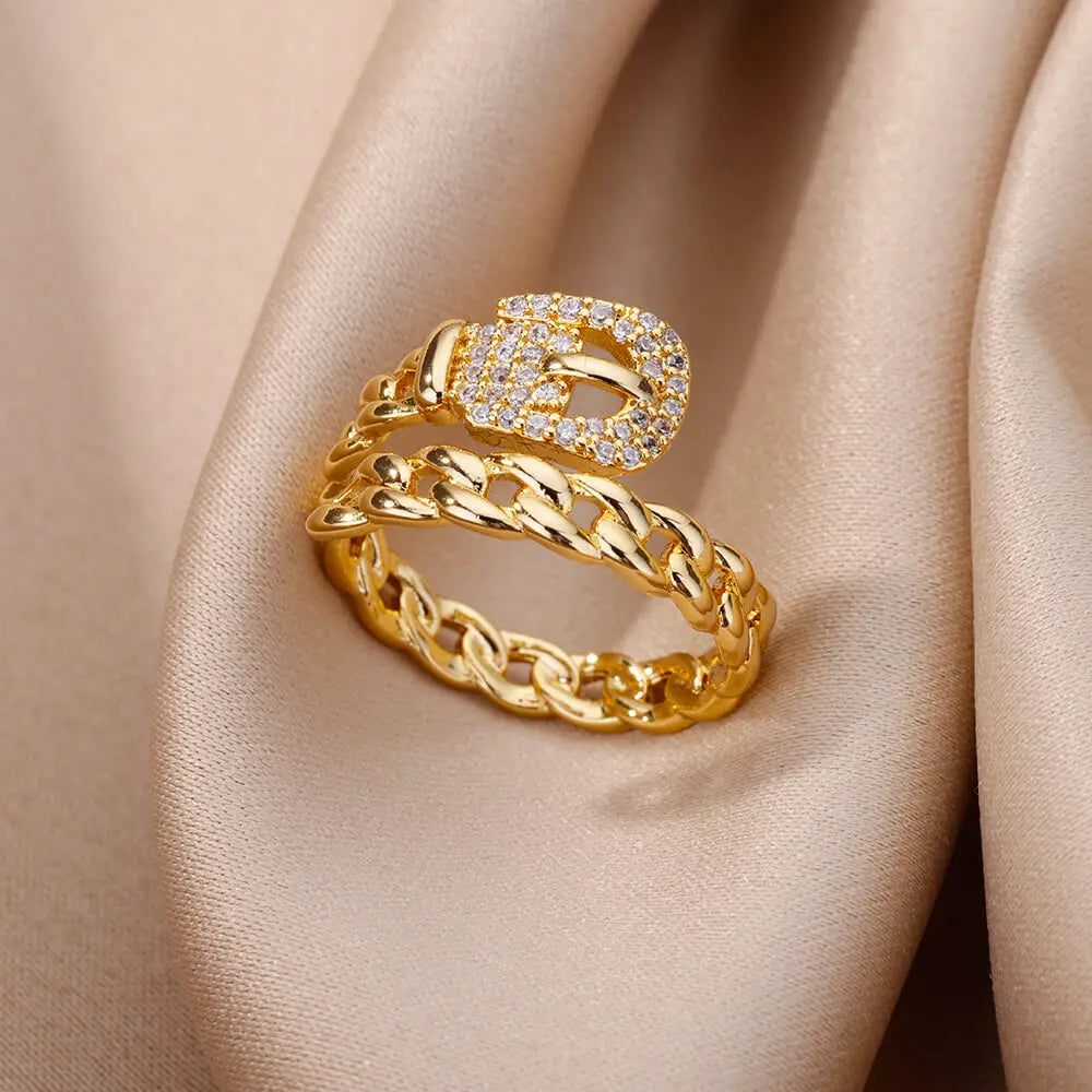 Bague ouverte géométrique ELARIAH plaquée or 18 carats et zircon – Alliance ajustable en acier inoxydable pour femmes, idéale pour les mariages et les fêtes.