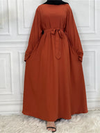 Elegant Modest Maxi Dress with Waist Tie – Long Sleeve Woven Abaya Style Dress for Women (All Season)