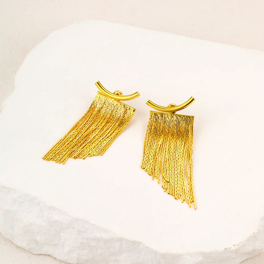 Pendientes llamativos con borlas doradas y brillantes: elegante diseño largo para mujer