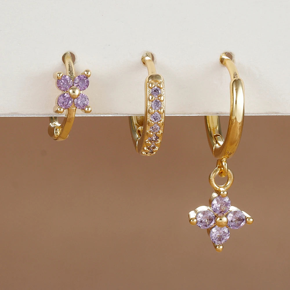 Ensemble de 3 boucles d'oreilles pendantes en acier inoxydable avec zircon cubique – Boucles d'oreilles florales hypoallergéniques pour femmes