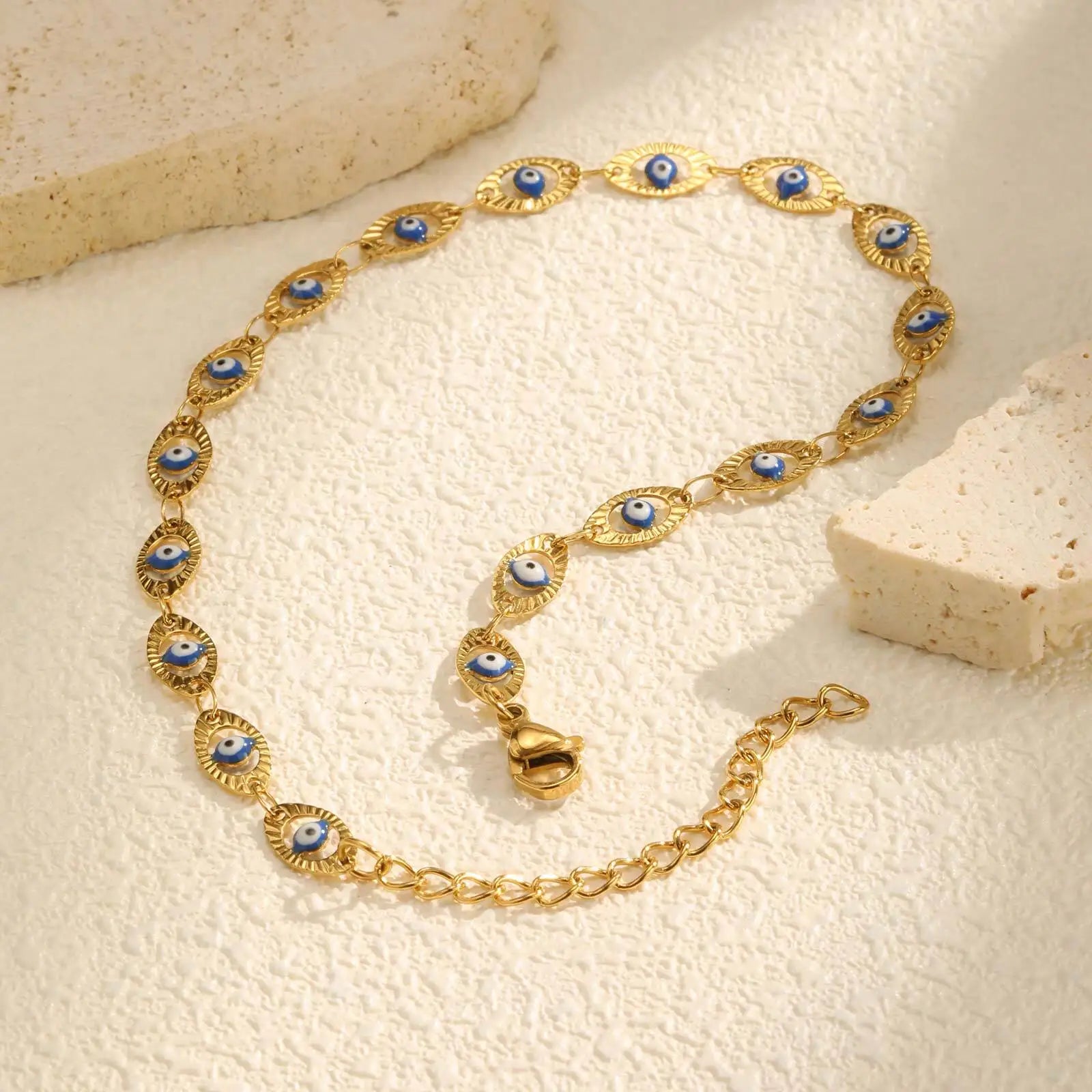 Bracelet de cheville œil protecteur doré pour femme – Bracelet de cheville ajustable, étanche, en acier inoxydable plaqué or, bijou de pied pour l'été à la plage
