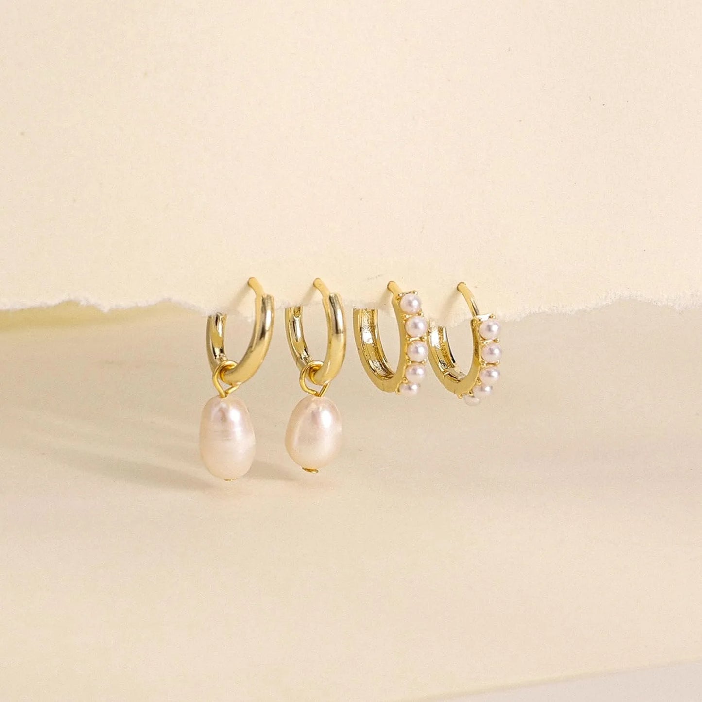 2-Pair Set Vintage Pearl Dangle Hoop Earrings – 18K Gold Plated Stainless Steel Hoops for Women