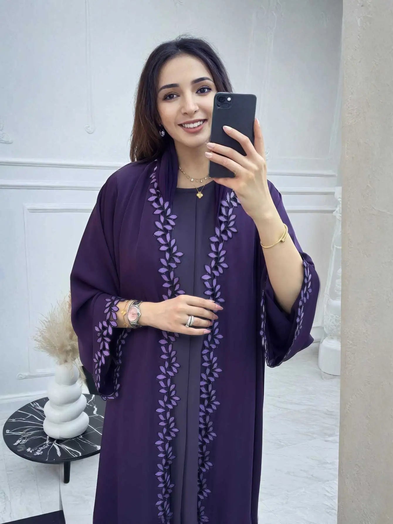 Elegant Beige Embroidered Abaya for Women – Dubai Style Modest Open Front Maxi Dress with Multicolour Detailing (All-Season)