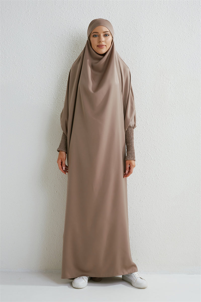 Elariah Hooded Modest Abaya Dress – Loose Fit One-Piece Jilbab with Smocked Sleeves (Black)