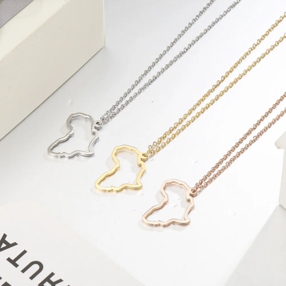 Collier pendentif tendance carte d'Afrique pour femme – Collier géométrique en acier inoxydable, coloris or, or rose ou acier.