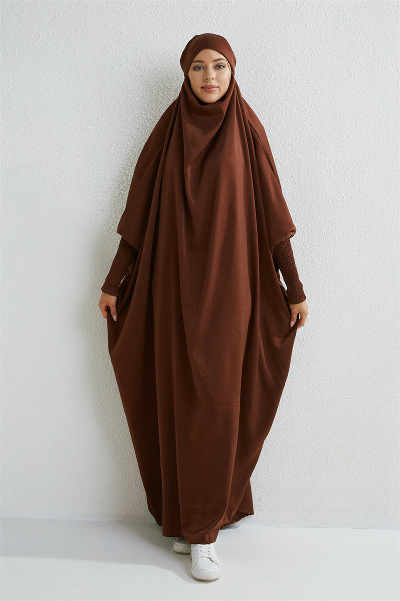 Elariah Hooded Modest Abaya Dress – Loose Fit One-Piece Jilbab with Smocked Sleeves (Black)