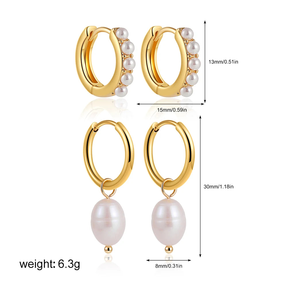 2-Pair Set Vintage Pearl Dangle Hoop Earrings – 18K Gold Plated Stainless Steel Hoops for Women