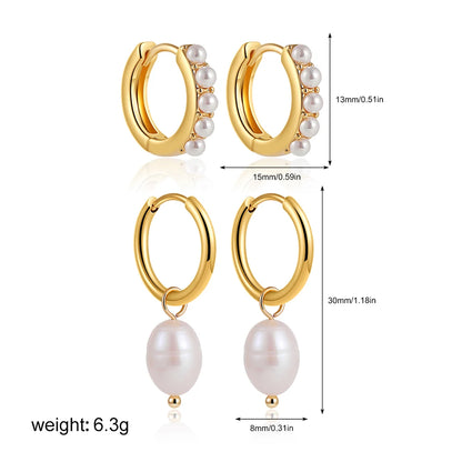 2-Pair Set Vintage Pearl Dangle Hoop Earrings – 18K Gold Plated Stainless Steel Hoops for Women