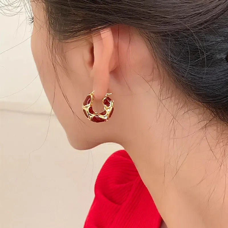Vintage Enamel Small Hoop Earrings – Gold Plated Textured Statement Hoops for Women