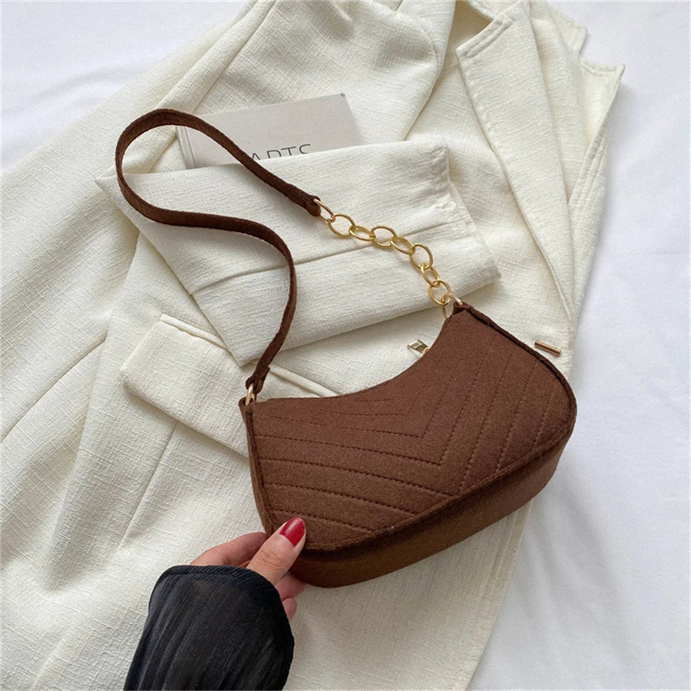 Bolso retro para mujer, tipo axila, de fieltro, de color liso, para hombro, informal, tipo bola de masa, sencillo, a la moda