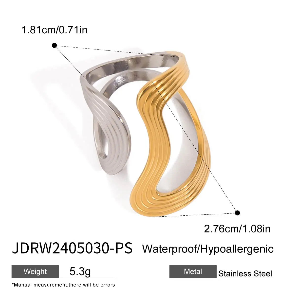 Bague minimaliste bicolore irrégulière – Bijou empilable en acier inoxydable plaqué or 18 carats pour femme