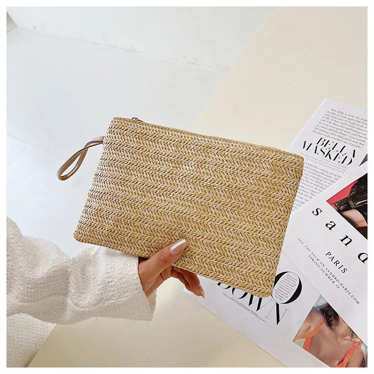 Elariah Woven Straw Wristlet Clutch Bag – Bohemian Summer Beach Handbag with Zipper (White, Khaki, Beige)