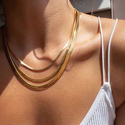 Classic Flat Snake Chain Choker Necklace – Stainless Steel Herringbone Design in Gold & Silver