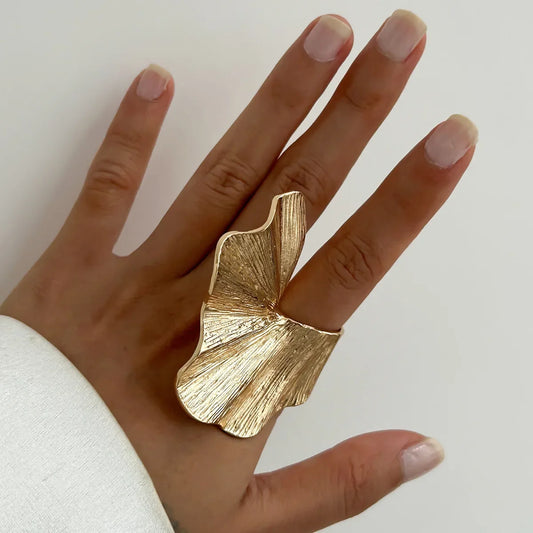 14K Gold Plated Ginkgo Leaf Ring for Women – Adjustable Statement Cocktail Ring | Nature-Inspired Fan Design