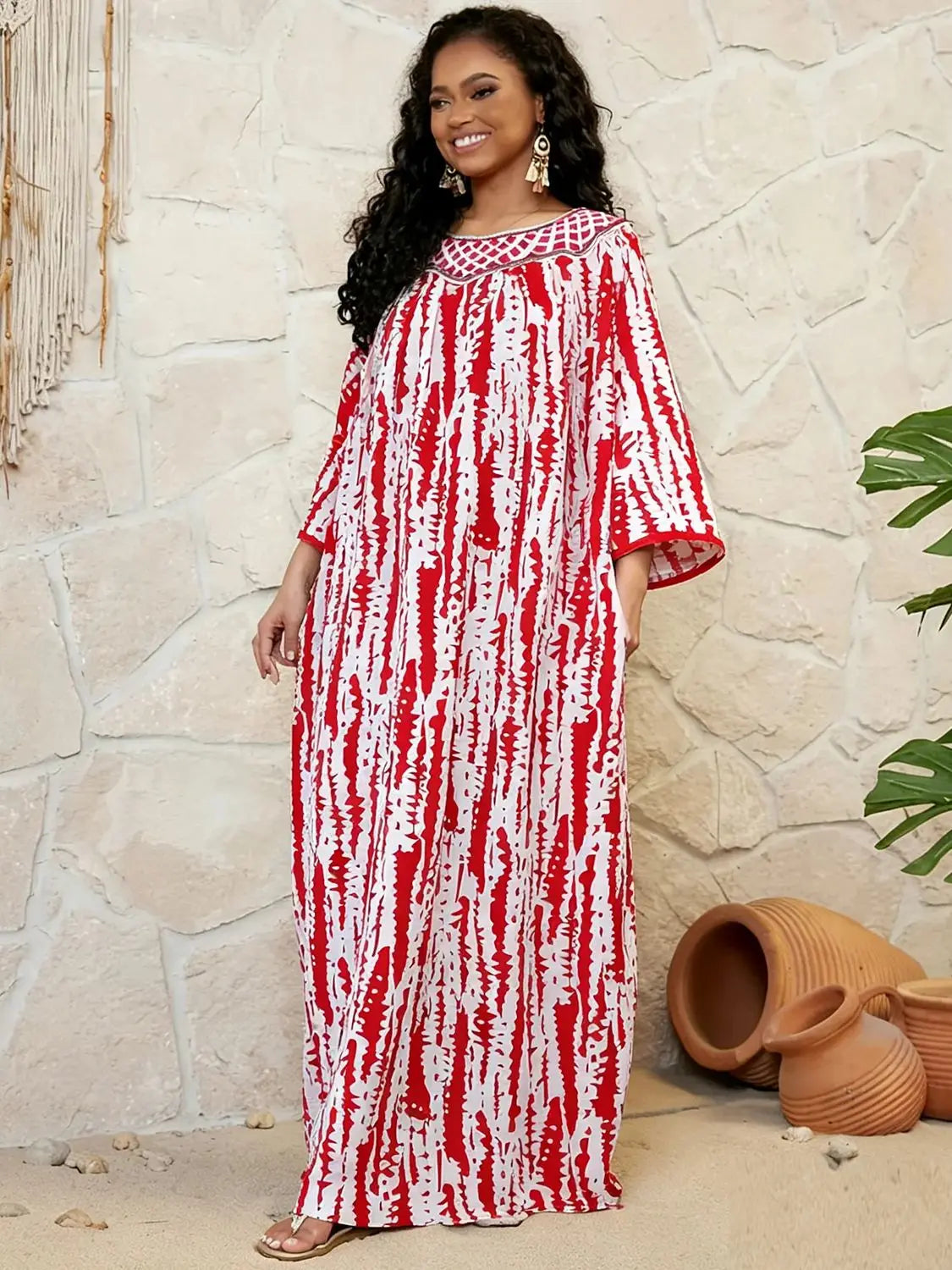 Embroidered Cotton Abaya Dress – Loose Boho Maxi Kaftan with Tassel Detail (One Size, 6 Colours)