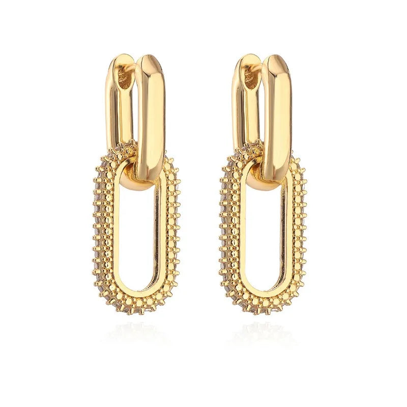 Pendientes de aro retro de doble bucle con diseño geométrico dorado y plateado.