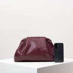Elariah Burgundy Woven PU Leather Clutch Bag – Vintage Kiss Lock Evening Purse for Weddings & Formal Occasions