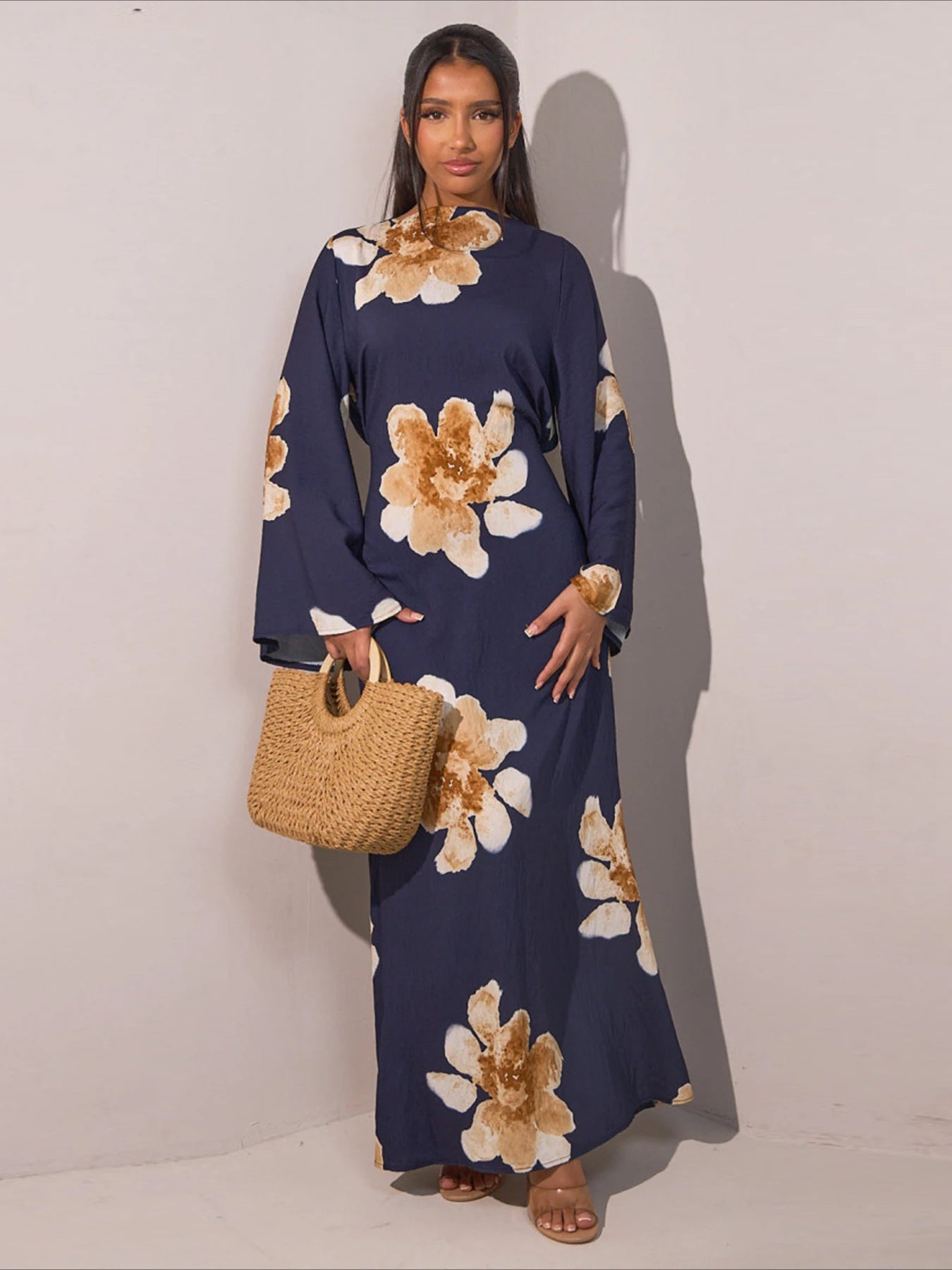 Elariah Floral Print Modest Kaftan Abaya Dress – Long Sleeve Maxi Jalabiya for Eid, Ramadan & Special Occasions