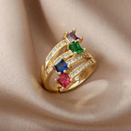 Bague cœur plaquée or de luxe avec zircones colorées – Bague cocktail ajustable en acier inoxydable pour femme