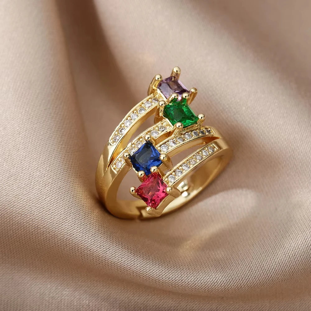Luxury Gold-Plated Heart Ring with Colorful Zircon Stones – Adjustable Stainless Steel Cocktail Ring for Women