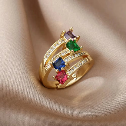 Luxury Gold-Plated Heart Ring with Colorful Zircon Stones – Adjustable Stainless Steel Cocktail Ring for Women