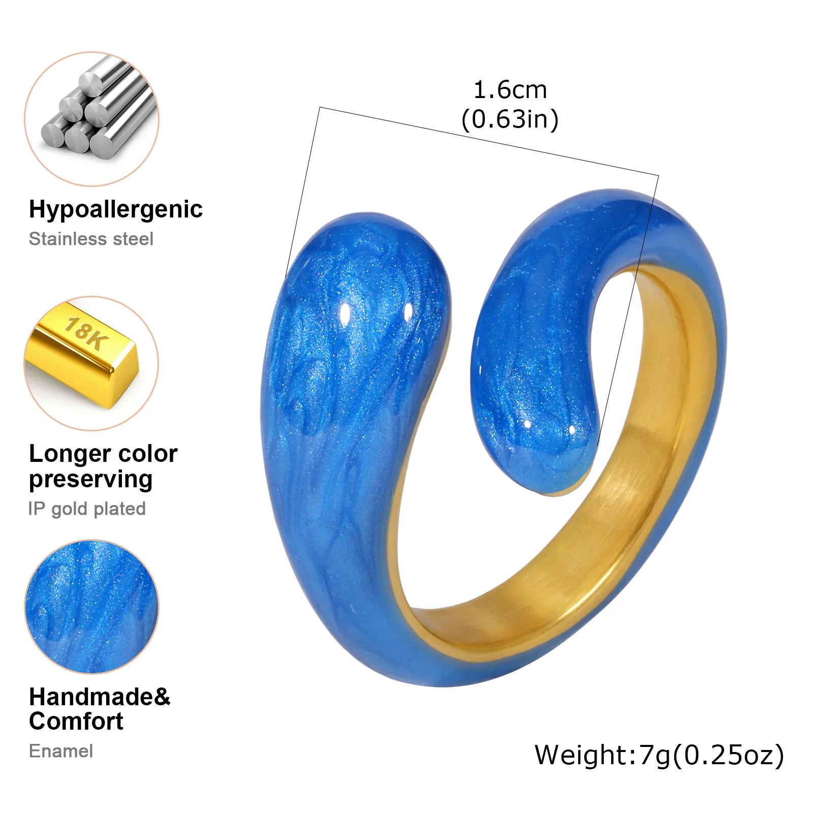 Bague torsadée épaisse en émail pour femme – Bague croisée ouverte en acier inoxydable plaqué or, anneau empilable étanche (bleu/vert/rose)