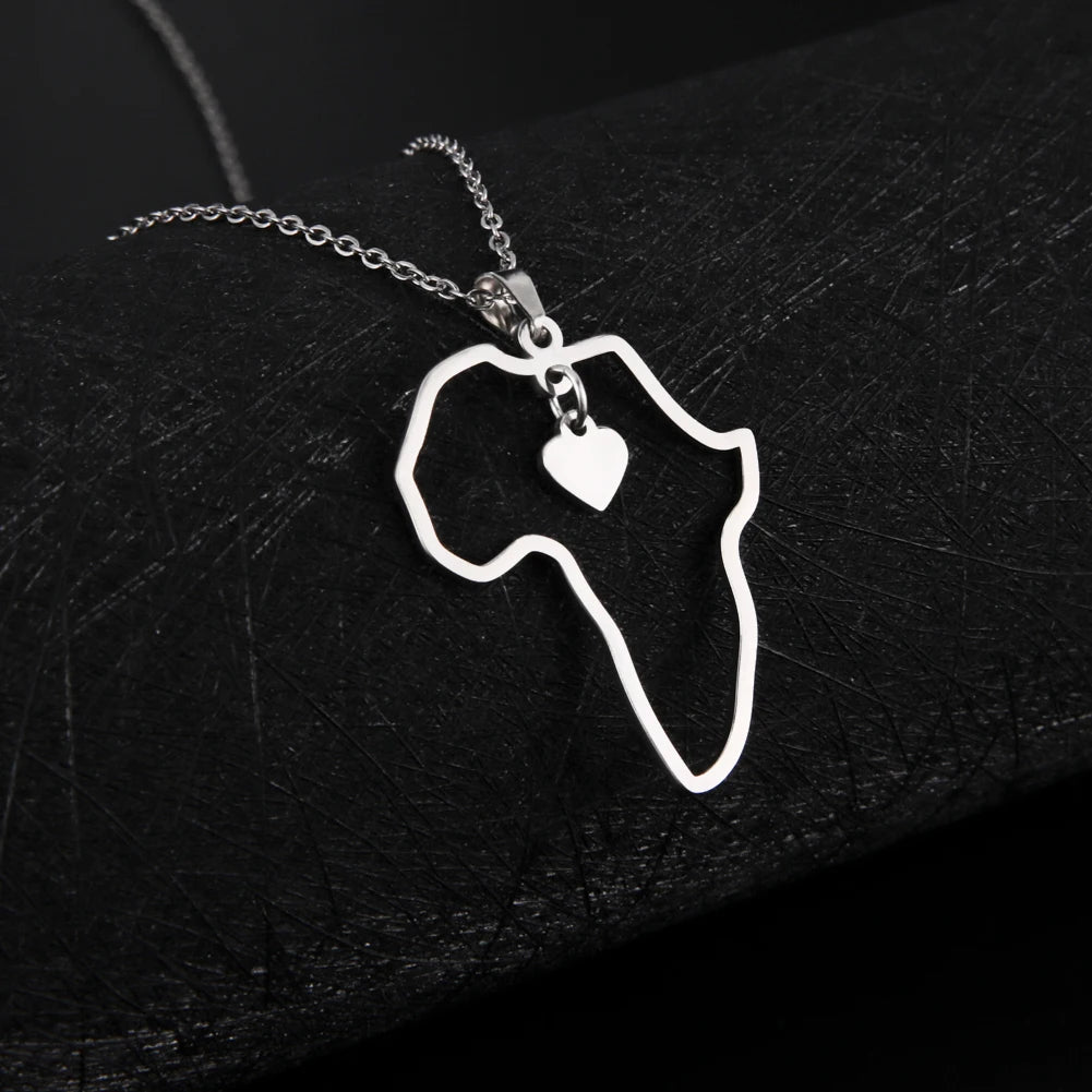 Collar con colgante de mapa africano de moda para mujer – Collar geométrico de acero inoxidable con la bandera de África, color oro, oro rosa o acero