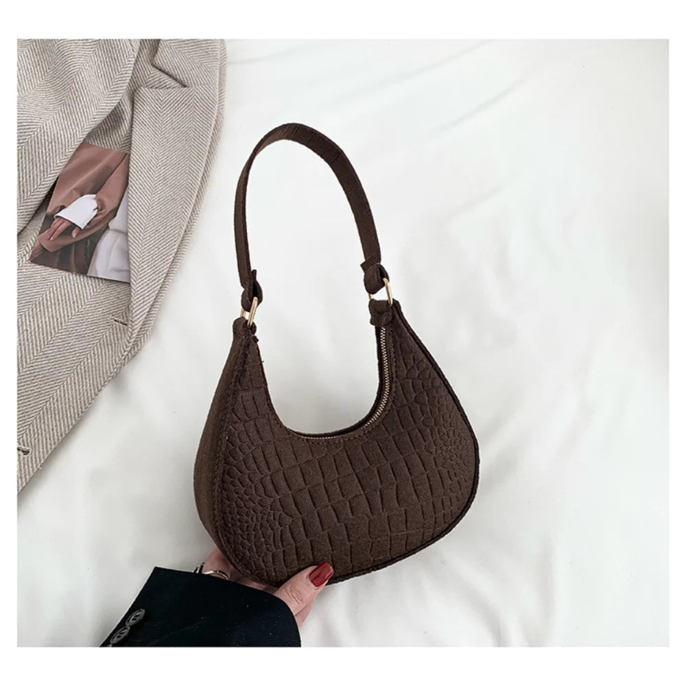 Bolso retro para mujer, tipo axila, de fieltro, de color liso, para hombro, informal, tipo bola de masa, sencillo, a la moda
