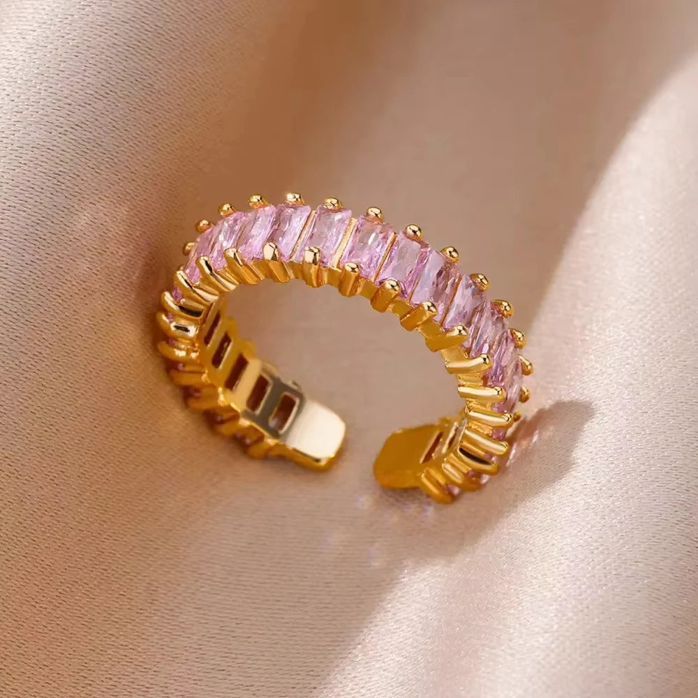 Bague cœur plaquée or de luxe avec zircones colorées – Bague cocktail ajustable en acier inoxydable pour femme