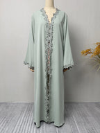 Elegant Beige Embroidered Abaya for Women – Dubai Style Modest Open Front Maxi Dress with Multicolour Detailing (All-Season)