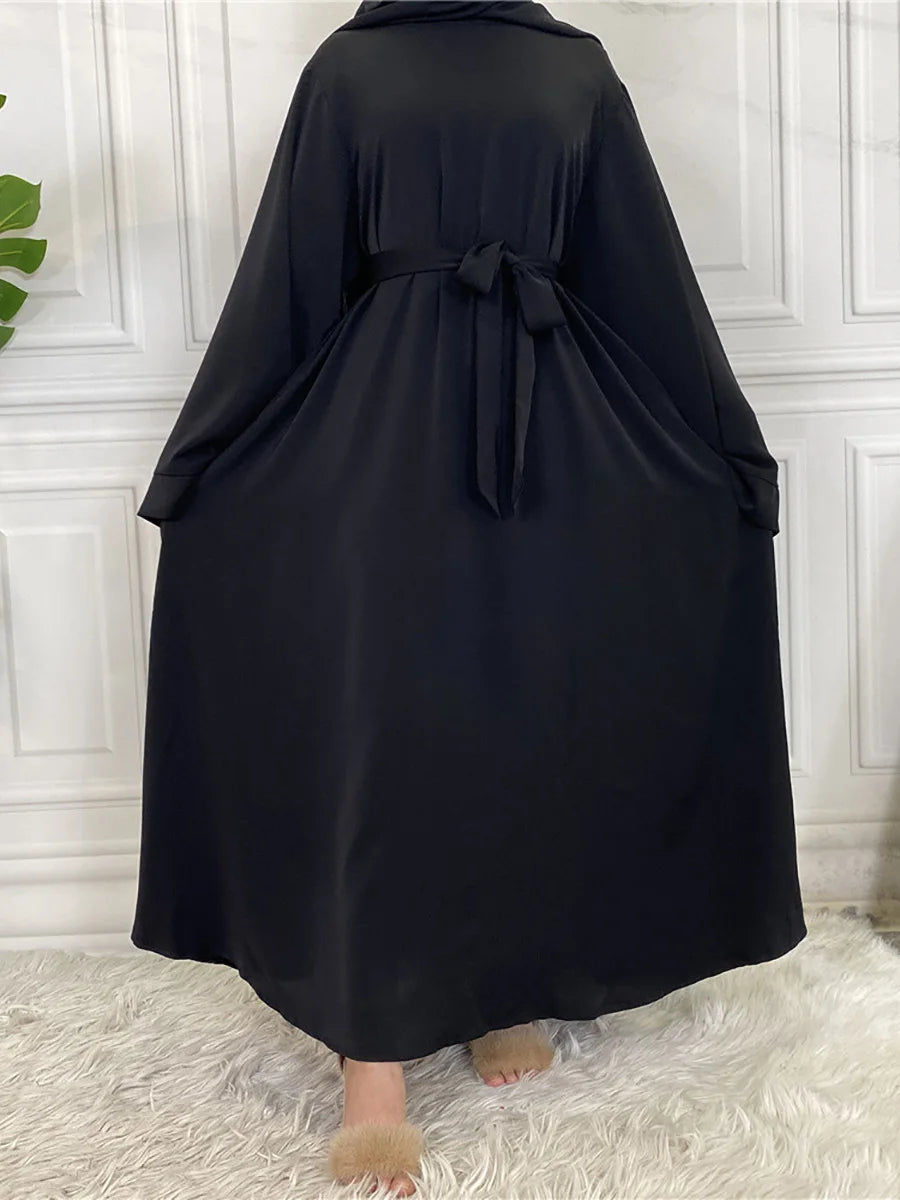 Elegant Modest Maxi Dress with Waist Tie – Long Sleeve Woven Abaya Style Dress for Women (All Season)