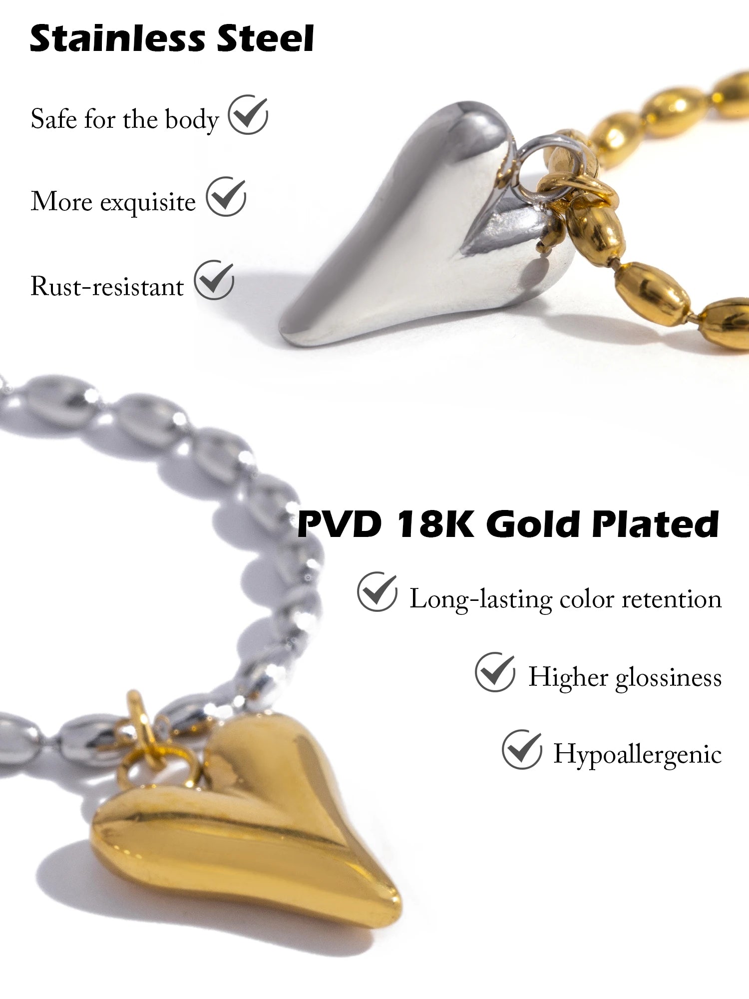 Collier pendentif cœur plaqué or 18 carats – Chaîne à billes en acier inoxydable, bijou délicat et romantique pour femme