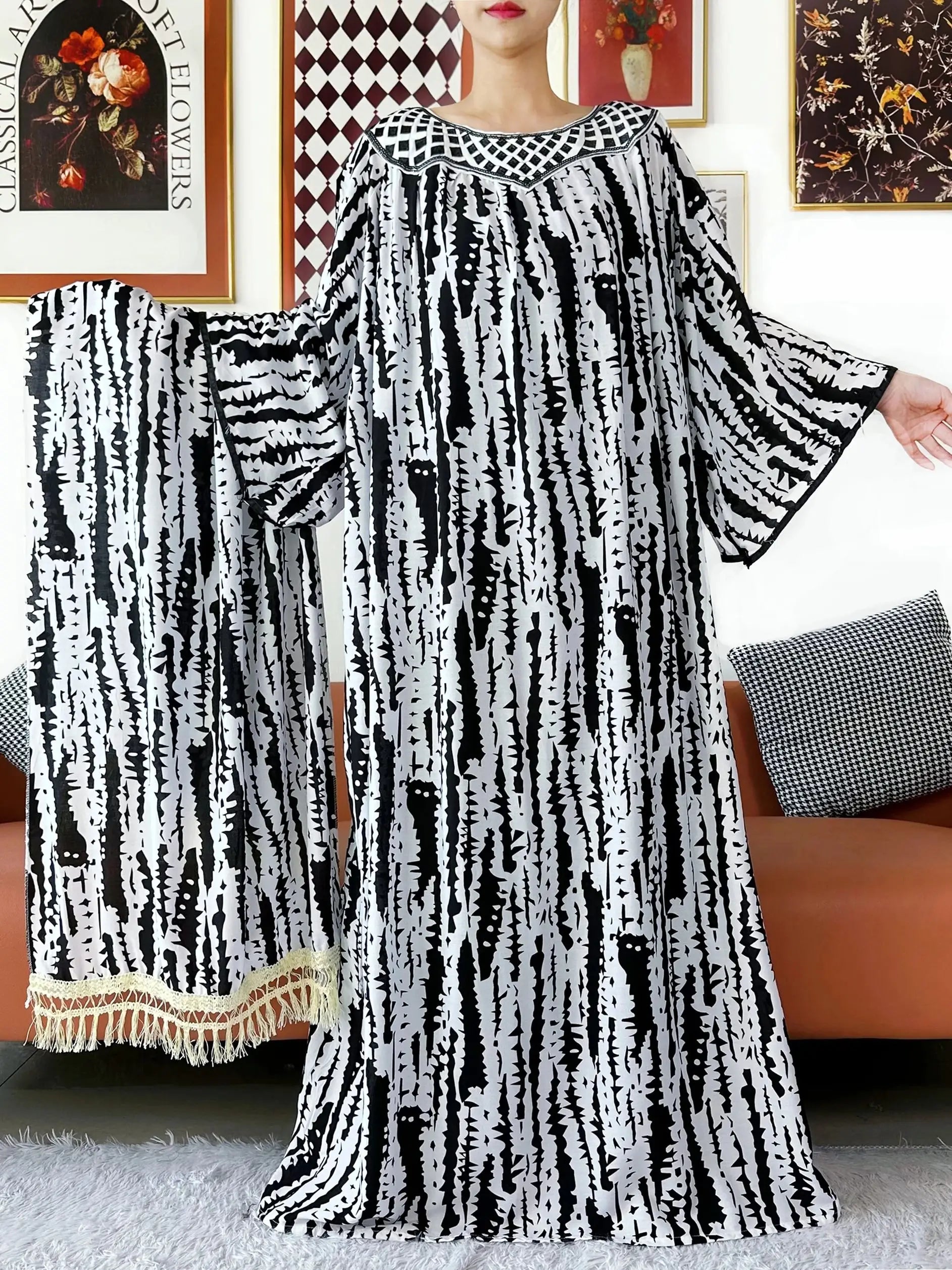 Embroidered Cotton Abaya Dress – Loose Boho Maxi Kaftan with Tassel Detail (One Size, 6 Colours)