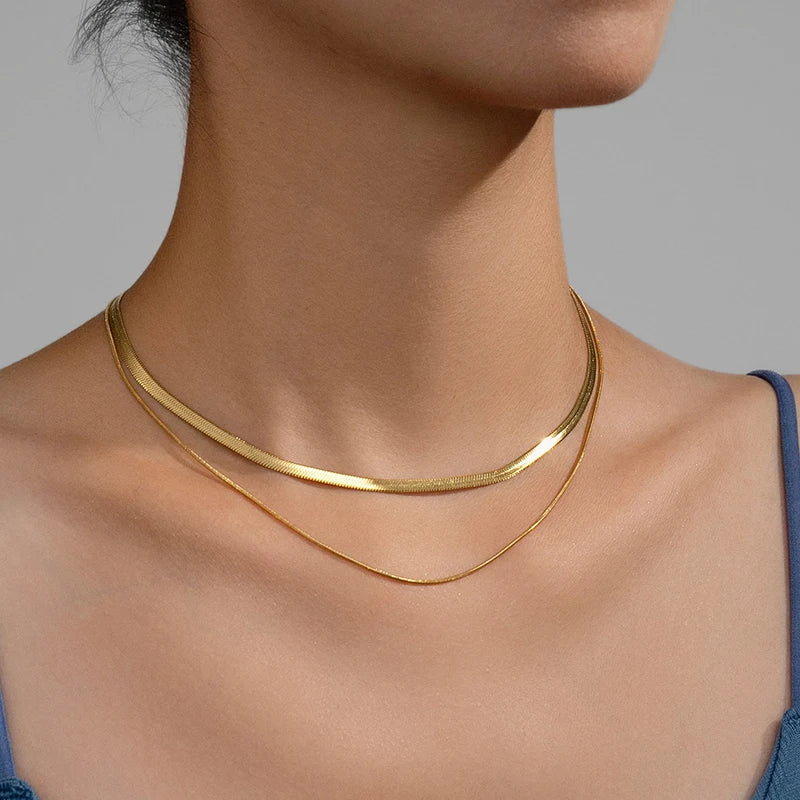 Collier ras du cou classique à chaîne serpent plate – Motif chevrons en acier inoxydable, or et argent