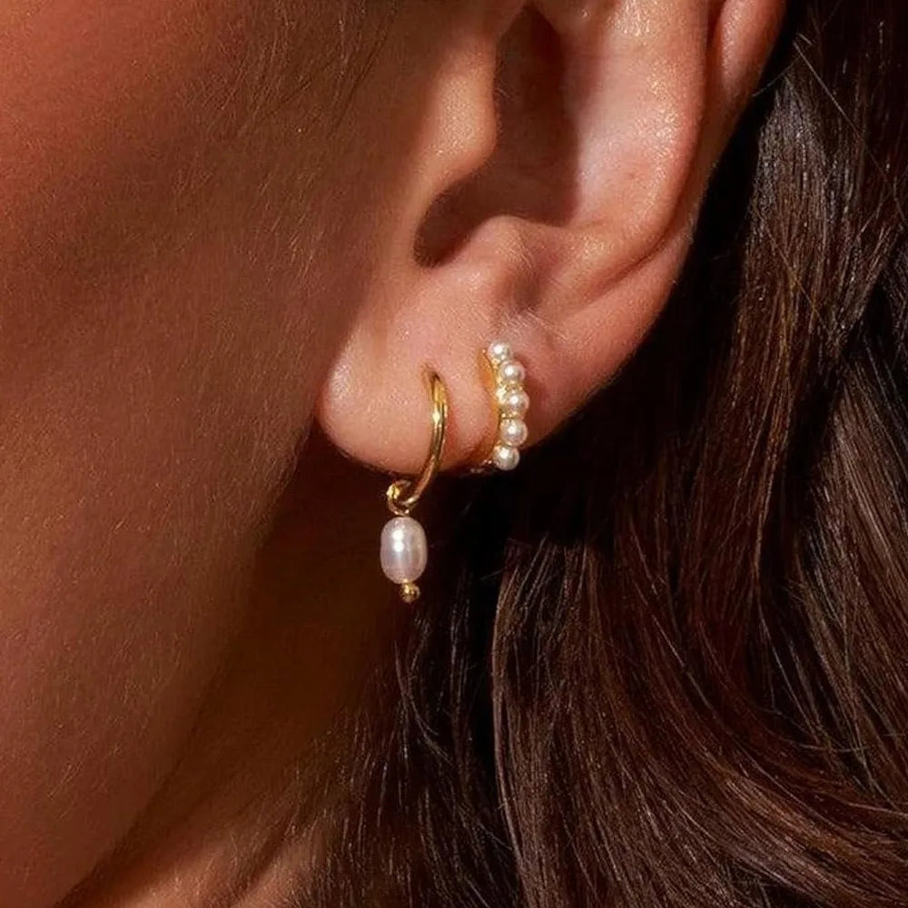 2-Pair Set Vintage Pearl Dangle Hoop Earrings – 18K Gold Plated Stainless Steel Hoops for Women