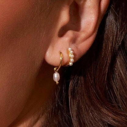 2-Pair Set Vintage Pearl Dangle Hoop Earrings – 18K Gold Plated Stainless Steel Hoops for Women