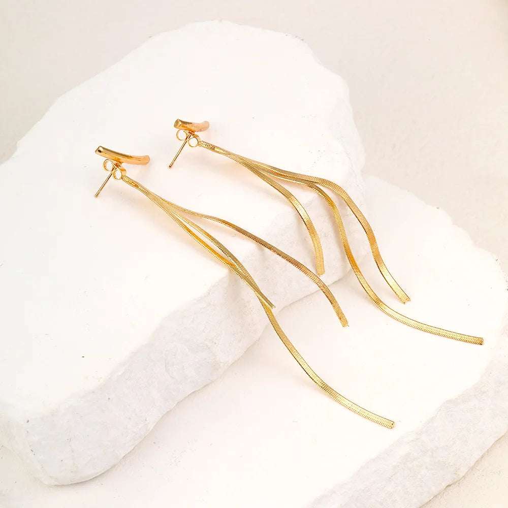 Gold Bling Tassel Statement Earrings – Elegant Long Drop Design for Women