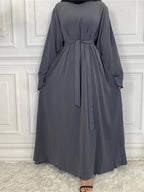 Elegant Modest Maxi Dress with Waist Tie – Long Sleeve Woven Abaya Style Dress for Women (All Season)