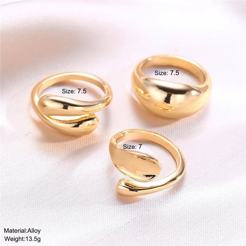 3-Piece Gold Plated Geometric Open Ring Set – Chunky, Irregular & Trendy Statement Rings for Women